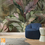 Bright tropical leaves on a textured background, pattern in green tones, photo wallpaper for the interior. [WP-FXH-738]