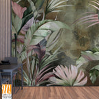 Bright tropical leaves on a textured background, pattern in green tones, photo wallpaper for the interior. [WP-FXH-738]