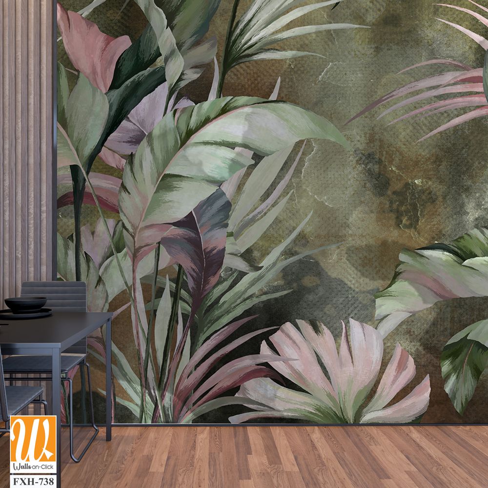 Bright tropical leaves on a textured background, pattern in green tones, photo wallpaper for the interior. [WP-FXH-738]
