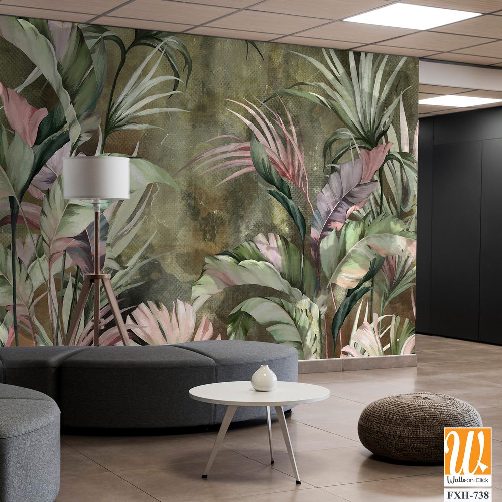 Bright tropical leaves on a textured background, pattern in green tones, photo wallpaper for the interior. [WP-FXH-738]