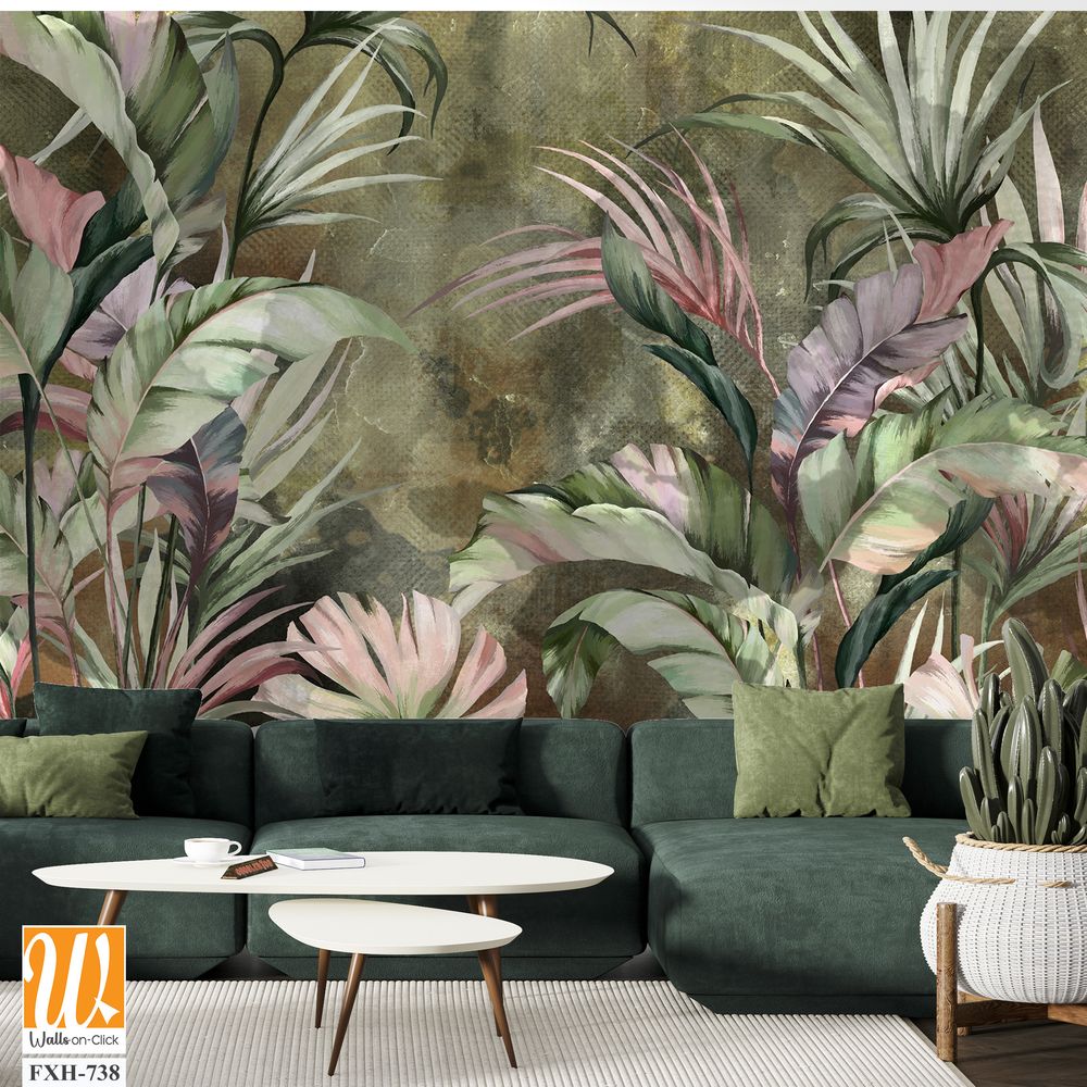 Bright tropical leaves on a textured background, pattern in green tones, photo wallpaper for the interior. [WP-FXH-738]