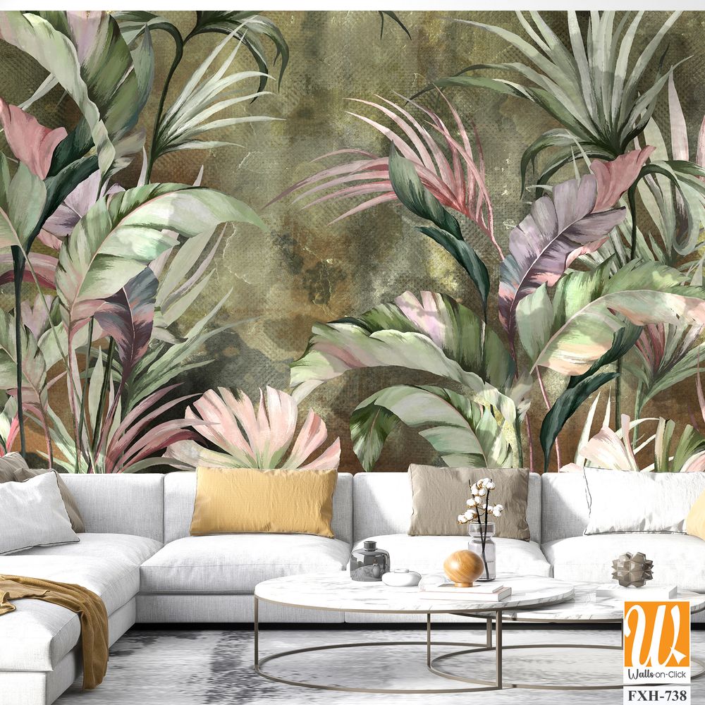 Bright tropical leaves on a textured background, pattern in green tones, photo wallpaper for the interior. [WP-FXH-738]