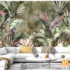 Bright tropical leaves on a textured background, pattern in green tones, photo wallpaper for the interior. [WP-FXH-738]