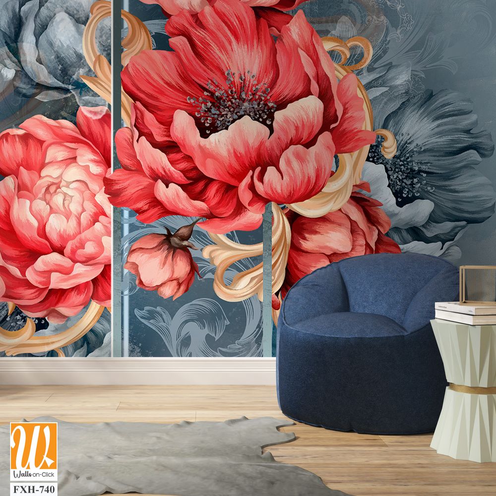 Red large buds of peonies with monograms on a textured blue background, photo wallpaper for the interior. [WP-FXH-740]