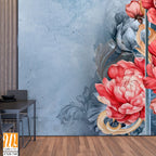 Red large buds of peonies with monograms on a textured blue background, photo wallpaper for the interior. [WP-FXH-740]