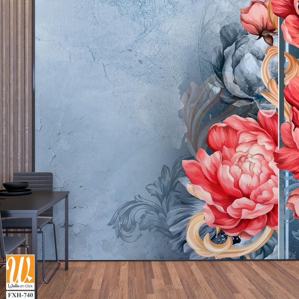 Red large buds of peonies with monograms on a textured blue background, photo wallpaper for the interior. [WP-FXH-740]