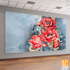 Red large buds of peonies with monograms on a textured blue background, photo wallpaper for the interior. [WP-FXH-740]