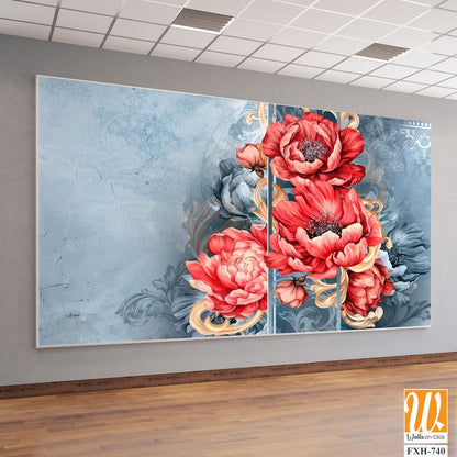Red large buds of peonies with monograms on a textured blue background, photo wallpaper for the interior. [WP-FXH-740]