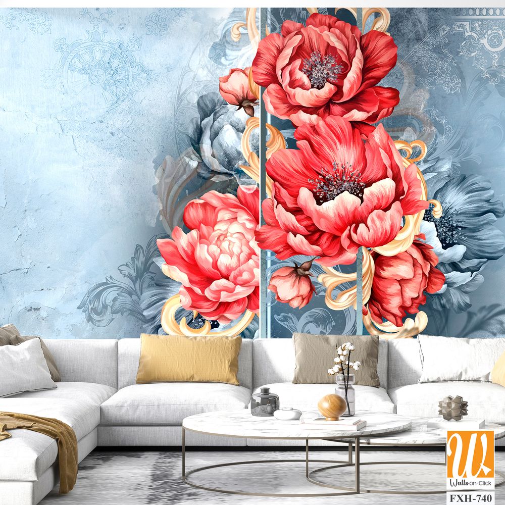 Red large buds of peonies with monograms on a textured blue background, photo wallpaper for the interior. [WP-FXH-740]