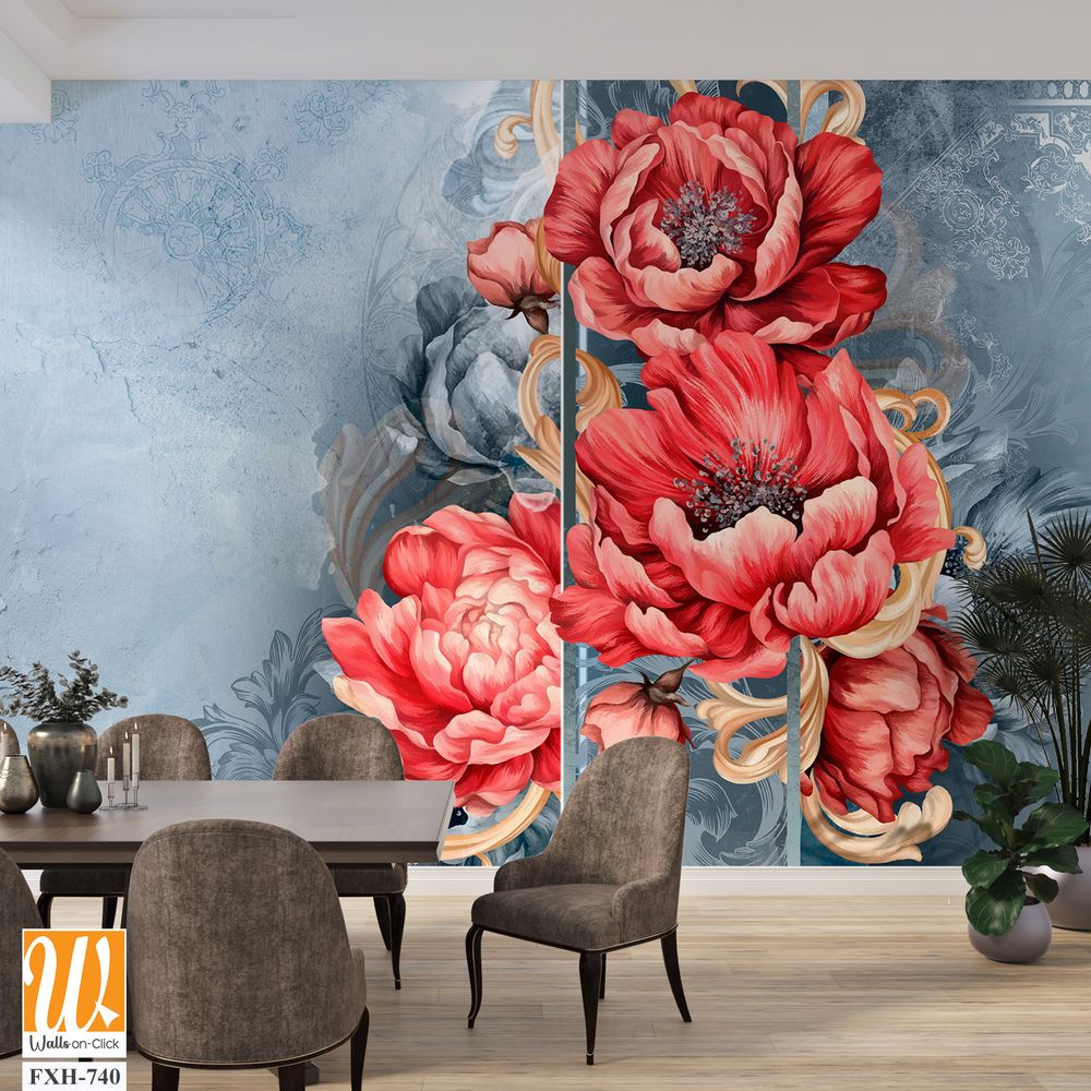 Red large buds of peonies with monograms on a textured blue background, photo wallpaper for the interior. [WP-FXH-740]