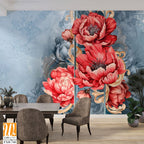 Red large buds of peonies with monograms on a textured blue background, photo wallpaper for the interior. [WP-FXH-740]
