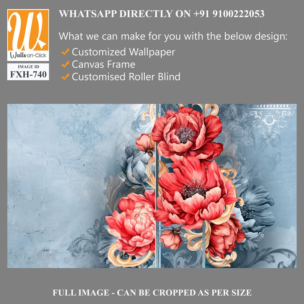 Red large buds of peonies with monograms on a textured blue background, photo wallpaper for the interior. [WP-FXH-740]