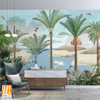 South Asian Subcontinent Mural, Plam tree, Birds, Watercolor background. [WP-FXH-742]