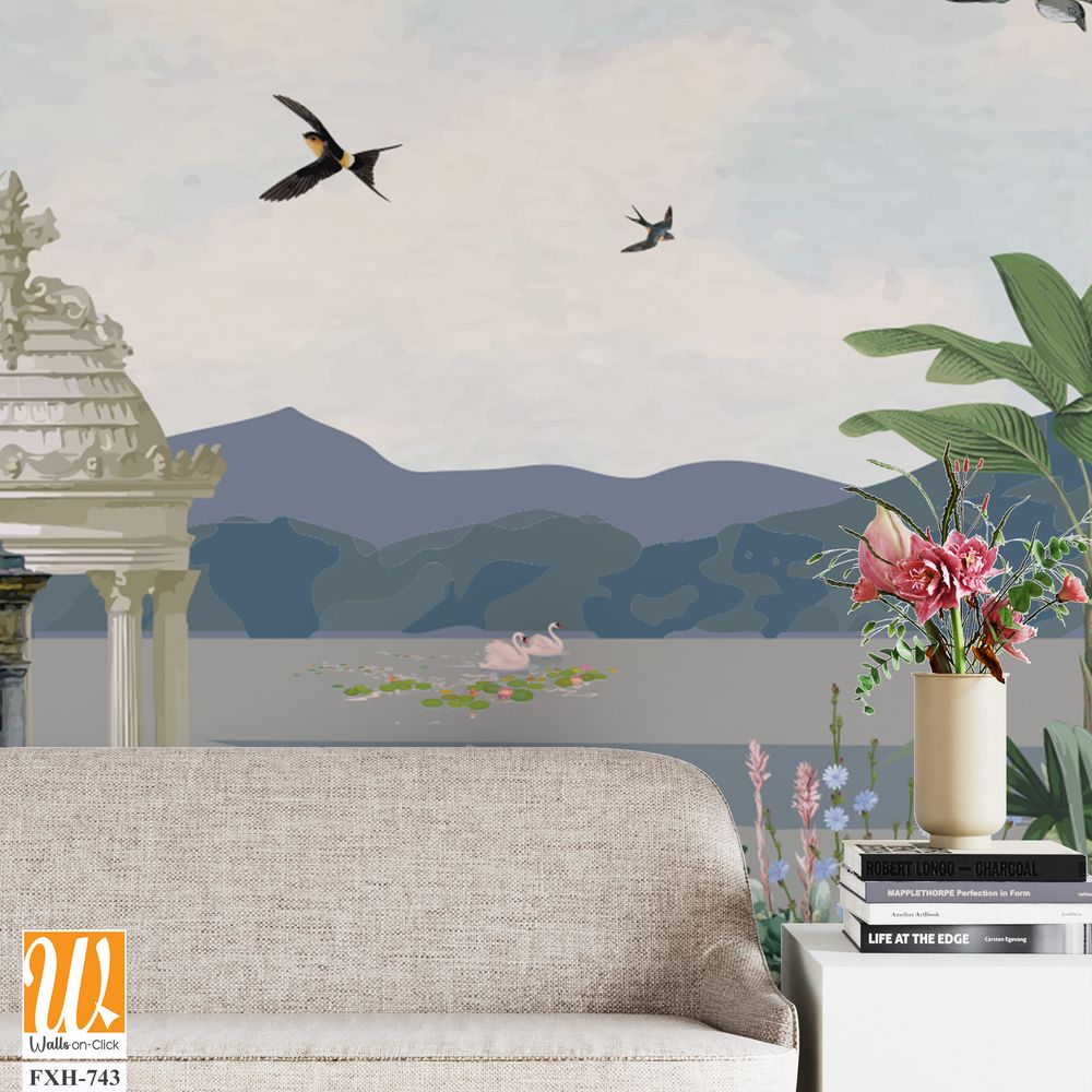 Traditional Mughal Mural Design, Mughal Mural, Mughal Background, Dom, Birds. [WP-FXH-743]