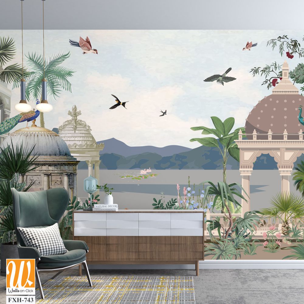 Traditional Mughal Mural Design, Mughal Mural, Mughal Background, Dom, Birds. [WP-FXH-743]