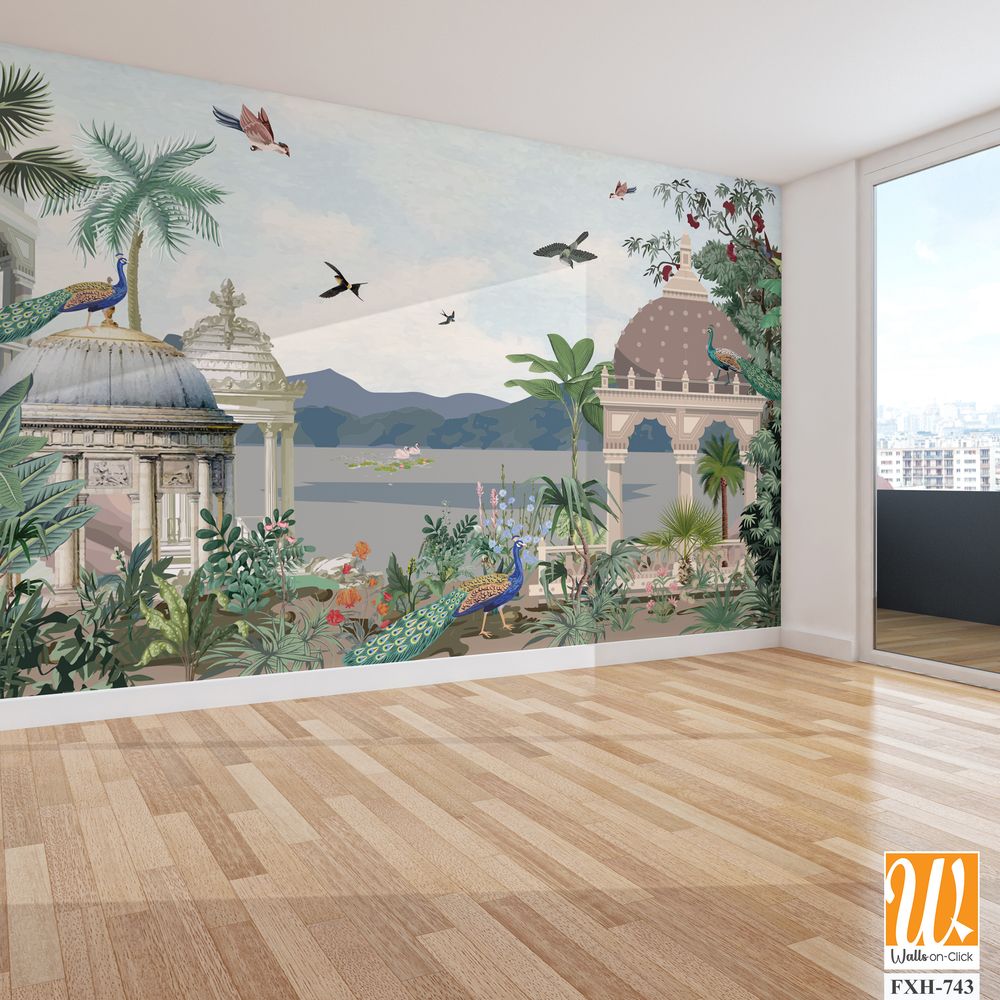 Traditional Mughal Mural Design, Mughal Mural, Mughal Background, Dom, Birds. [WP-FXH-743]