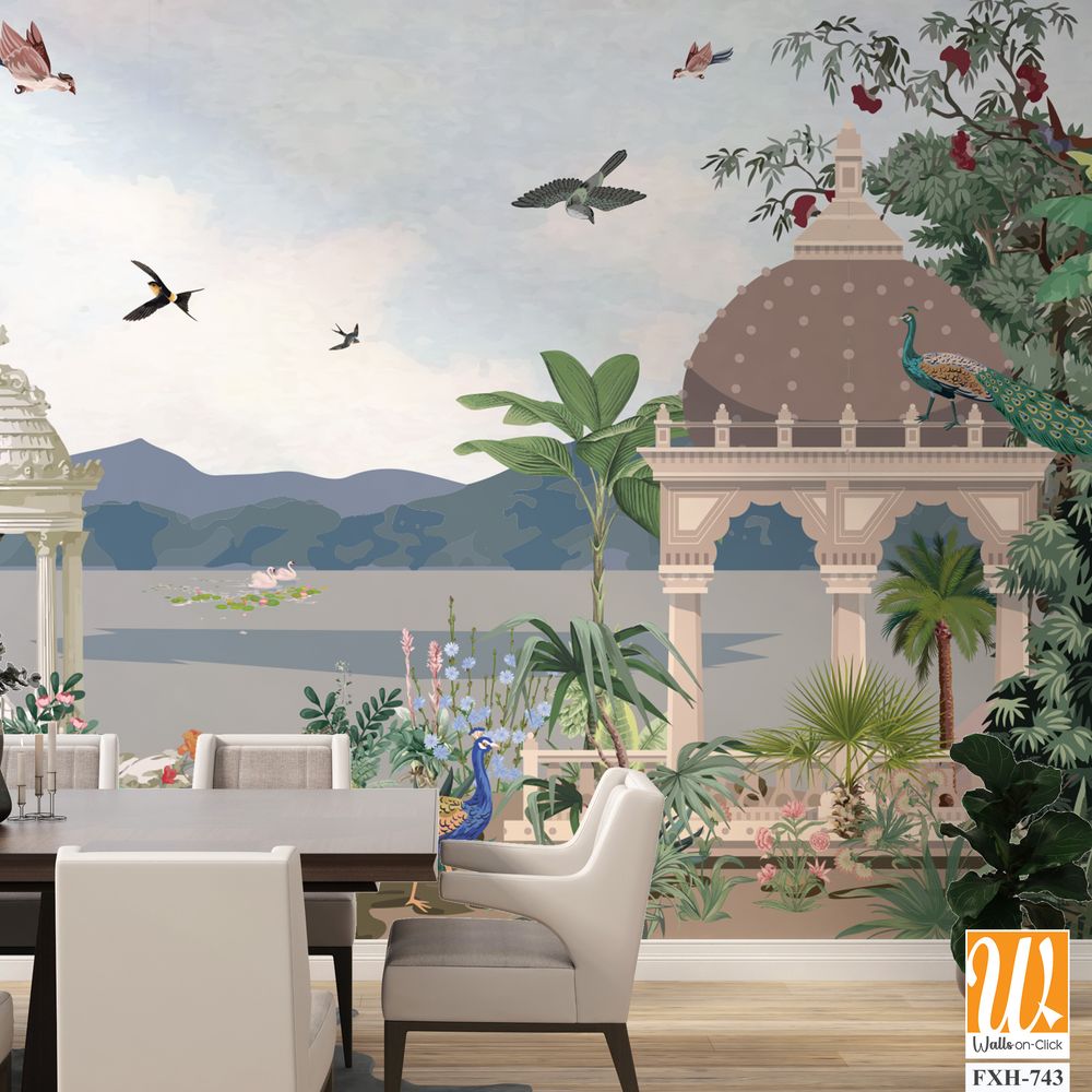 Traditional Mughal Mural Design, Mughal Mural, Mughal Background, Dom, Birds. [WP-FXH-743]