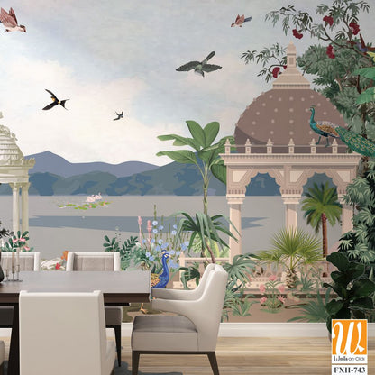 Traditional Mughal Mural Design, Mughal Mural, Mughal Background, Dom, Birds. [WP-FXH-743]