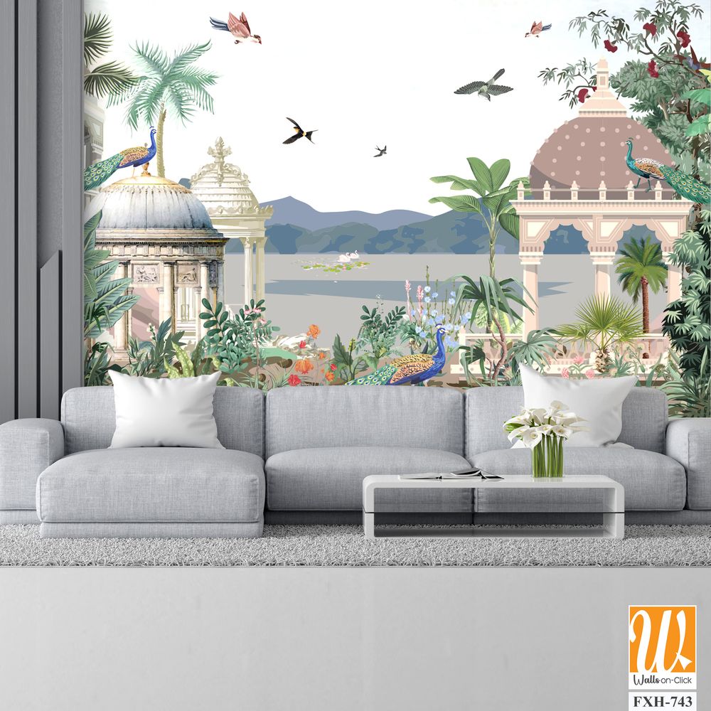 Traditional Mughal Mural Design, Mughal Mural, Mughal Background, Dom, Birds. [WP-FXH-743]
