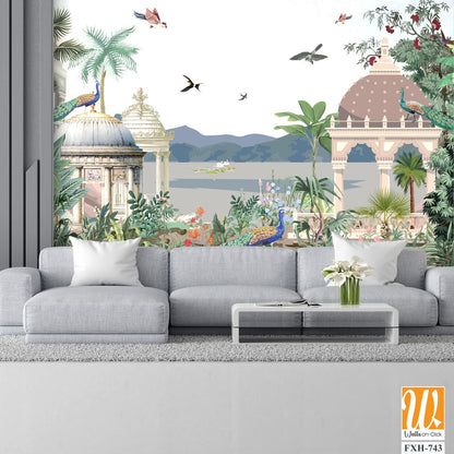 Traditional Mughal Mural Design, Mughal Mural, Mughal Background, Dom, Birds. [WP-FXH-743]