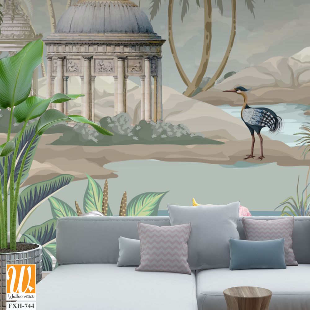 Botanical Mural Landscape, Mughal Mural, Tropical Background with Dom and Birds. [WP-FXH-744]