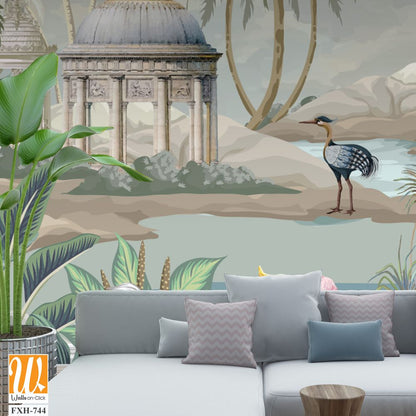 Botanical Mural Landscape, Mughal Mural, Tropical Background with Dom and Birds. [WP-FXH-744]