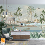 Botanical Mural Landscape, Mughal Mural, Tropical Background with Dom and Birds. [WP-FXH-744]