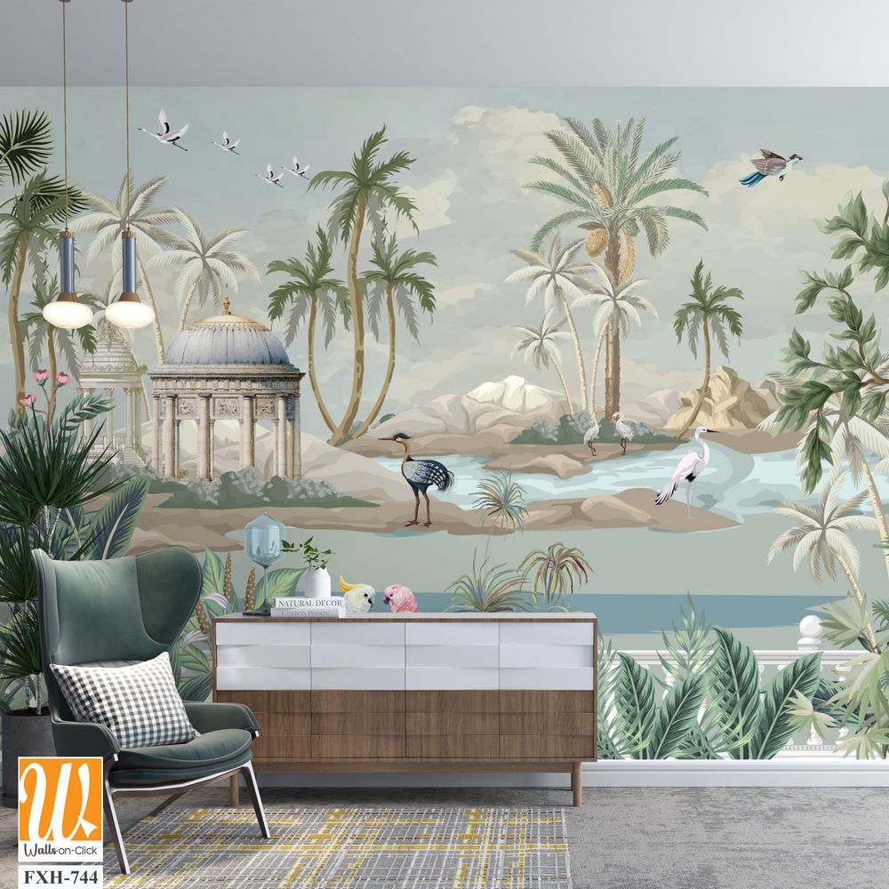 Botanical Mural Landscape, Mughal Mural, Tropical Background with Dom and Birds. [WP-FXH-744]