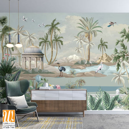 Botanical Mural Landscape, Mughal Mural, Tropical Background with Dom and Birds. [WP-FXH-744]