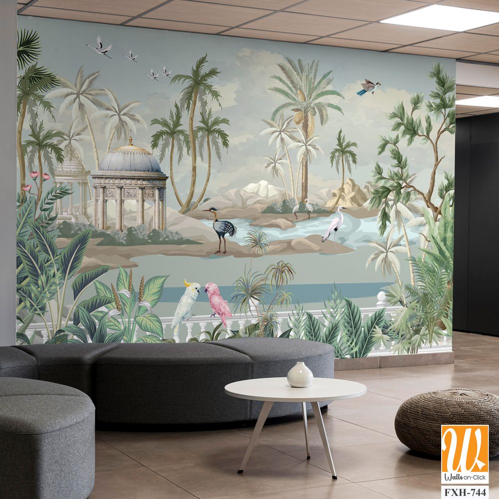 Botanical Mural Landscape, Mughal Mural, Tropical Background with Dom and Birds. [WP-FXH-744]