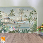 Botanical Mural Landscape, Mughal Mural, Tropical Background with Dom and Birds. [WP-FXH-744]