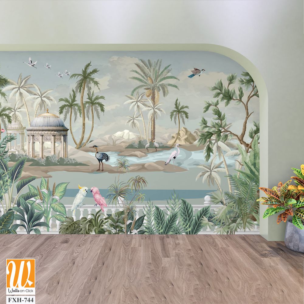 Botanical Mural Landscape, Mughal Mural, Tropical Background with Dom and Birds. [WP-FXH-744]