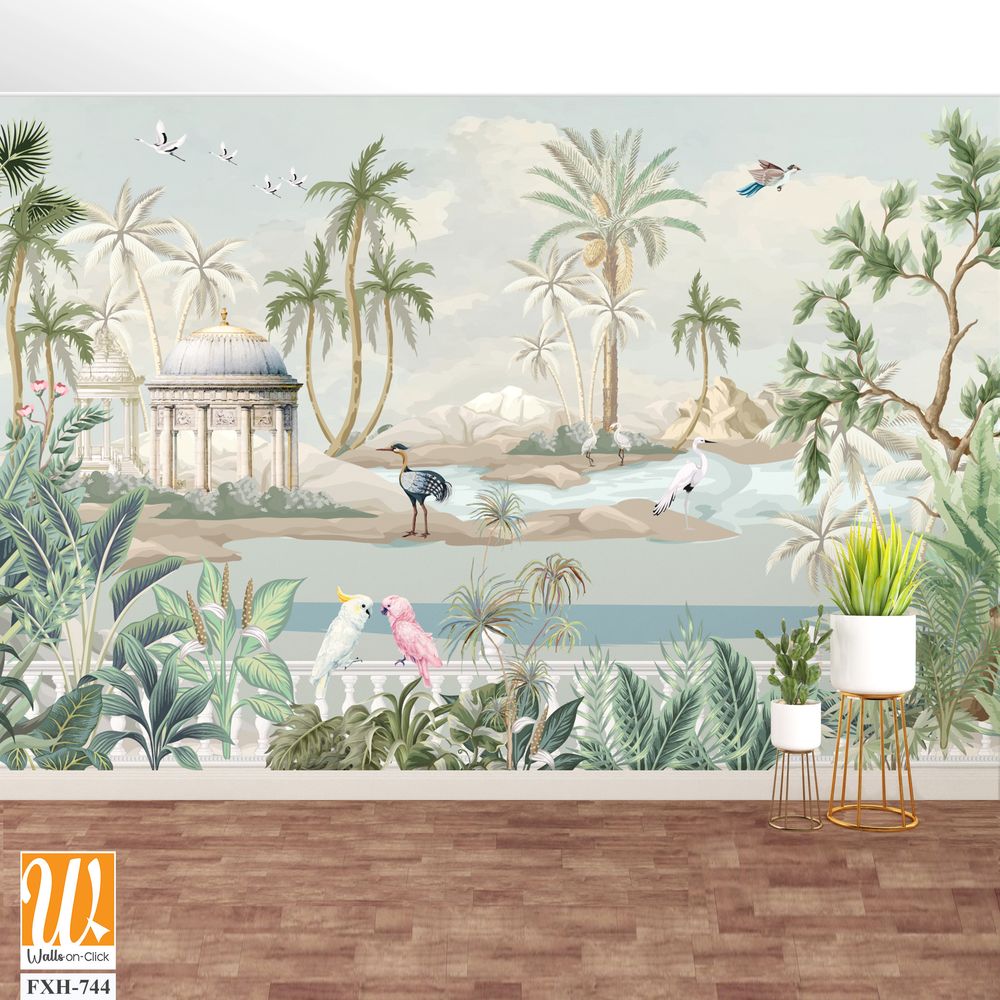 Botanical Mural Landscape, Mughal Mural, Tropical Background with Dom and Birds. [WP-FXH-744]