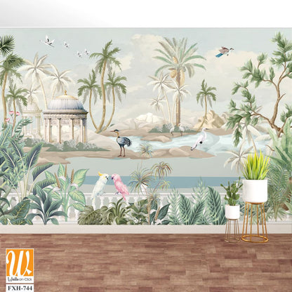Botanical Mural Landscape, Mughal Mural, Tropical Background with Dom and Birds. [WP-FXH-744]