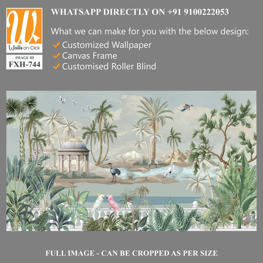 Botanical Mural Landscape, Mughal Mural, Tropical Background with Dom and Birds. [WP-FXH-744]