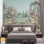 Greek garden with peacock, temple, dome, stair illustration for wallpaper [WP-FXH-746]
