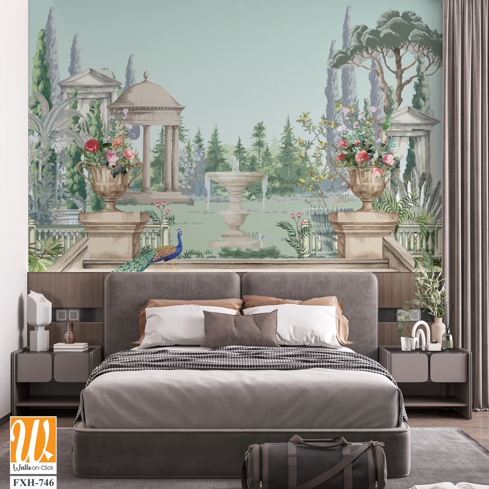 Greek garden with peacock, temple, dome, stair illustration for wallpaper [WP-FXH-746]
