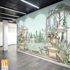 Greek garden with peacock, temple, dome, stair illustration for wallpaper [WP-FXH-746]
