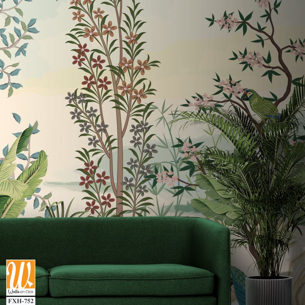 Painted,Tree,Without,Fruit,On,White,Background.,Chinoiserie.Tropical Background, birds, watercolor background. [WP-FXH-752]