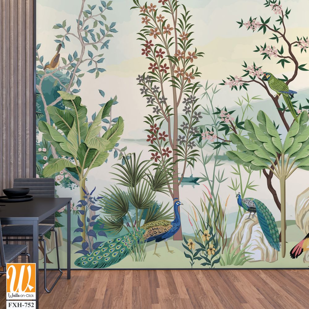Painted,Tree,Without,Fruit,On,White,Background.,Chinoiserie.Tropical Background, birds, watercolor background. [WP-FXH-752]