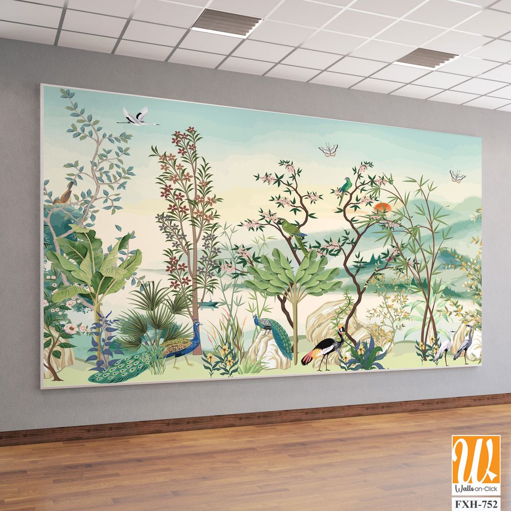 Painted,Tree,Without,Fruit,On,White,Background.,Chinoiserie.Tropical Background, birds, watercolor background. [WP-FXH-752]