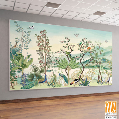 Painted,Tree,Without,Fruit,On,White,Background.,Chinoiserie.Tropical Background, birds, watercolor background. [WP-FXH-752]