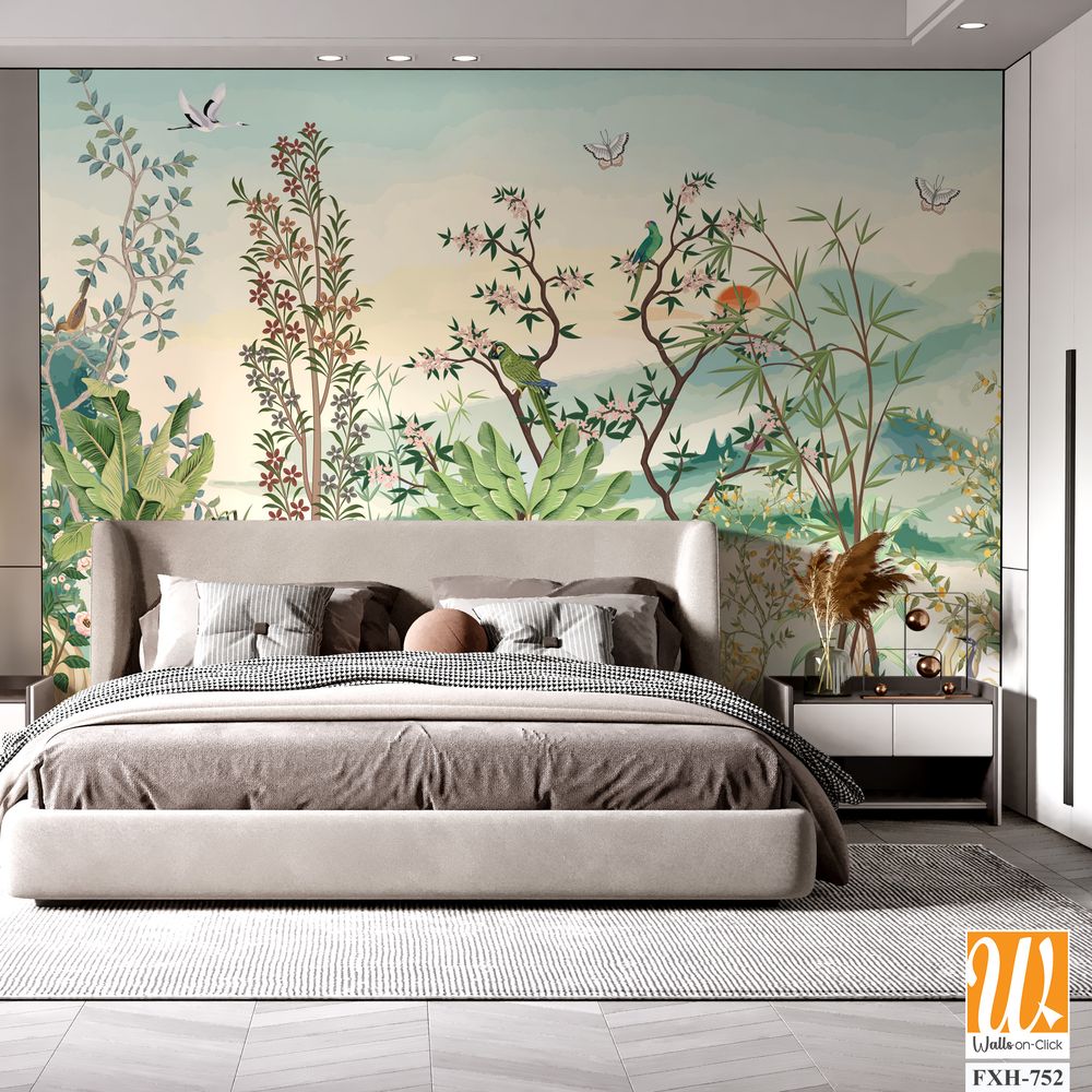 Painted,Tree,Without,Fruit,On,White,Background.,Chinoiserie.Tropical Background, birds, watercolor background. [WP-FXH-752]