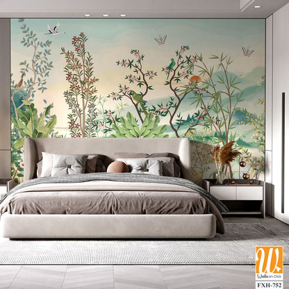 Painted,Tree,Without,Fruit,On,White,Background.,Chinoiserie.Tropical Background, birds, watercolor background. [WP-FXH-752]