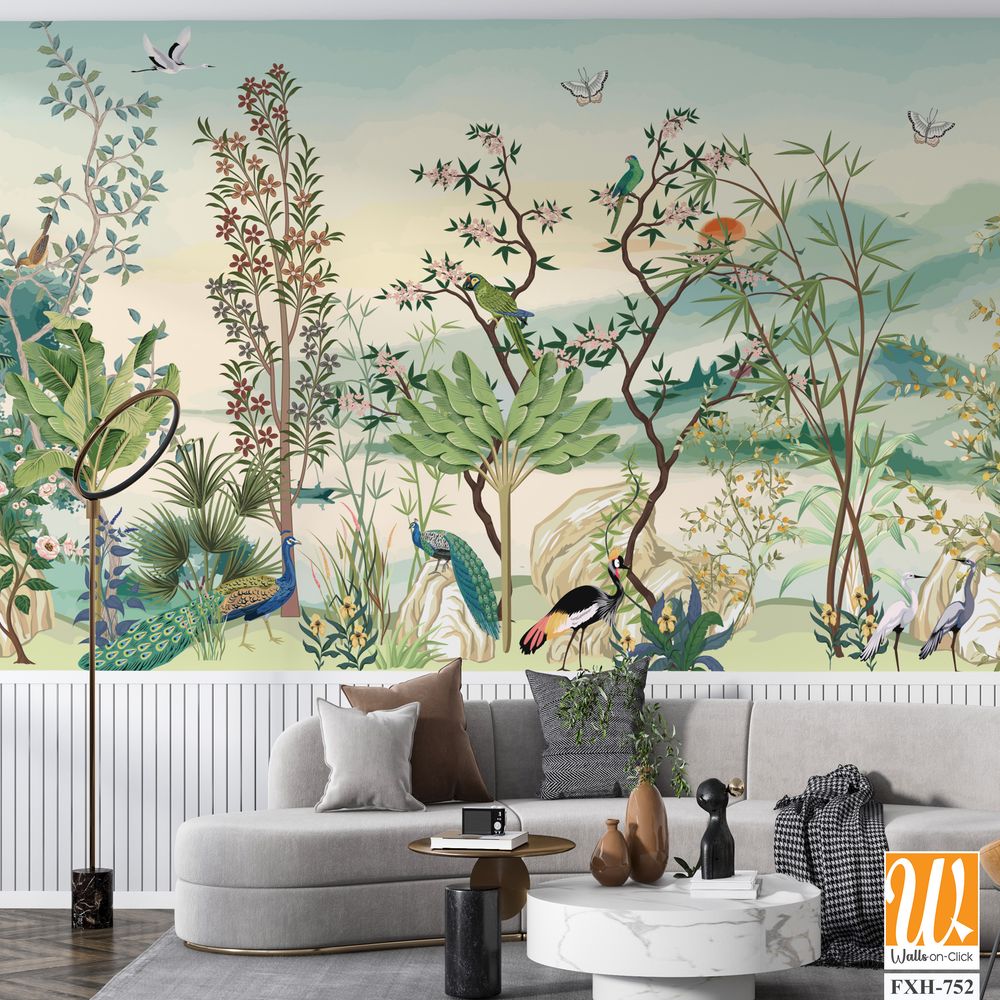Painted,Tree,Without,Fruit,On,White,Background.,Chinoiserie.Tropical Background, birds, watercolor background. [WP-FXH-752]