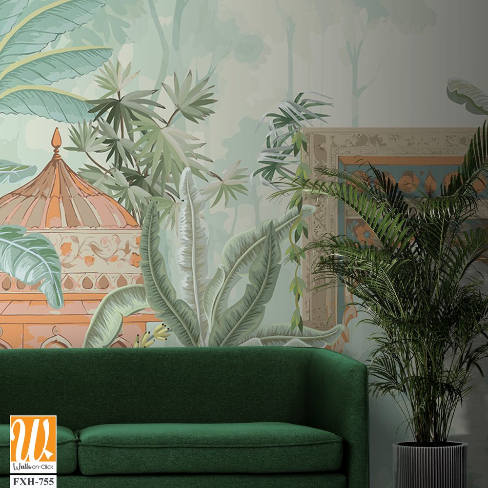 Traditional Mughal forest garden, peacock, palace illustration for wallpaper [WP-FXH-755]
