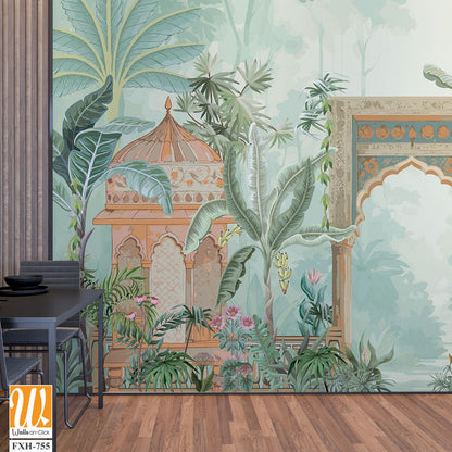 Traditional Mughal forest garden, peacock, palace illustration for wallpaper [WP-FXH-755]