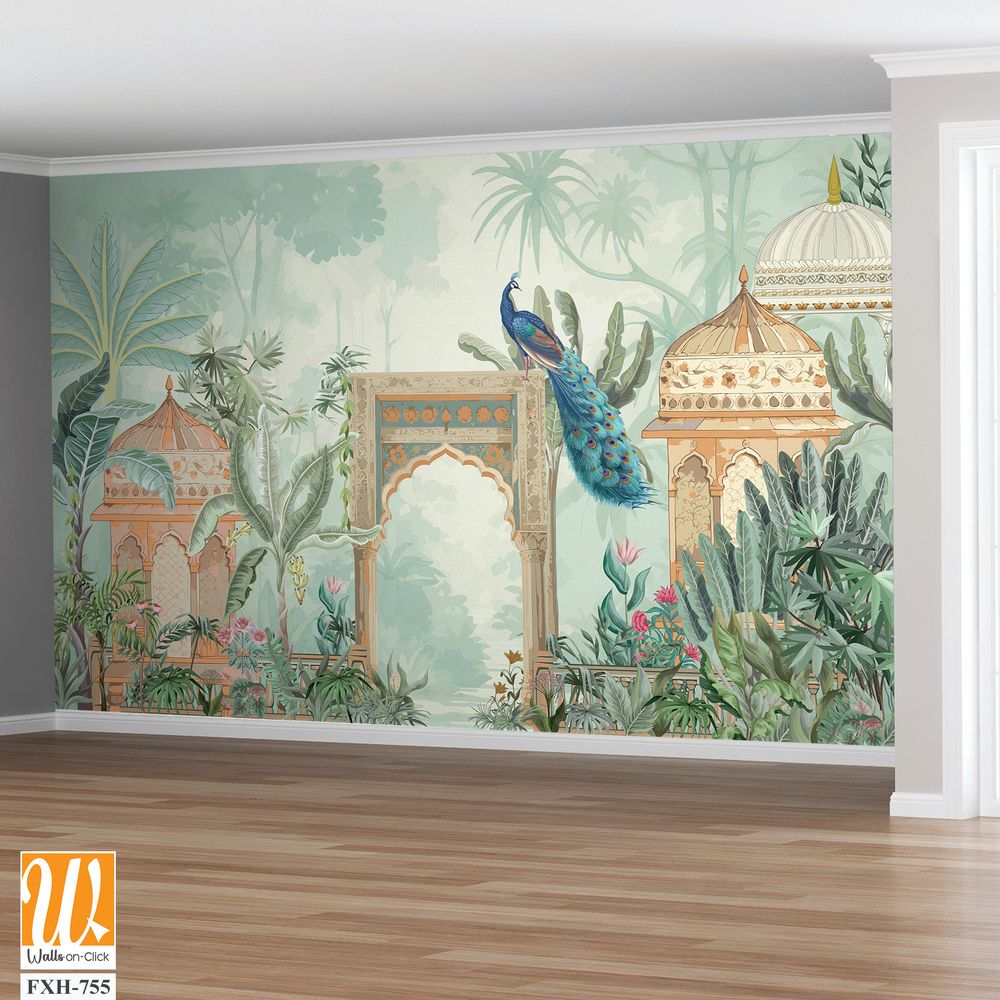 Traditional Mughal forest garden, peacock, palace illustration for wallpaper [WP-FXH-755]
