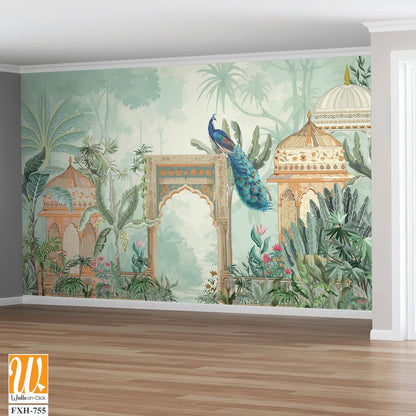 Traditional Mughal forest garden, peacock, palace illustration for wallpaper [WP-FXH-755]