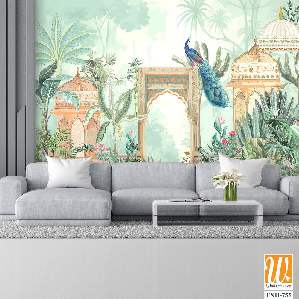 Traditional Mughal forest garden, peacock, palace illustration for wallpaper [WP-FXH-755]